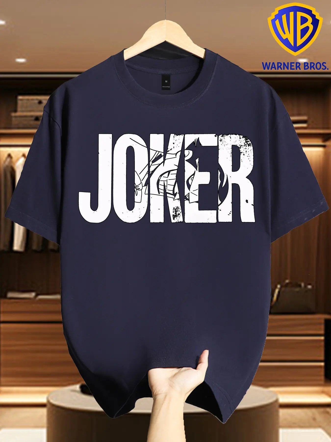 Warner Bros Men's Vintage Joker Hollow Out Clown Face Print T-Shirt, Retro Movie Villain Pattern, Casual Gothic Streetwear Top