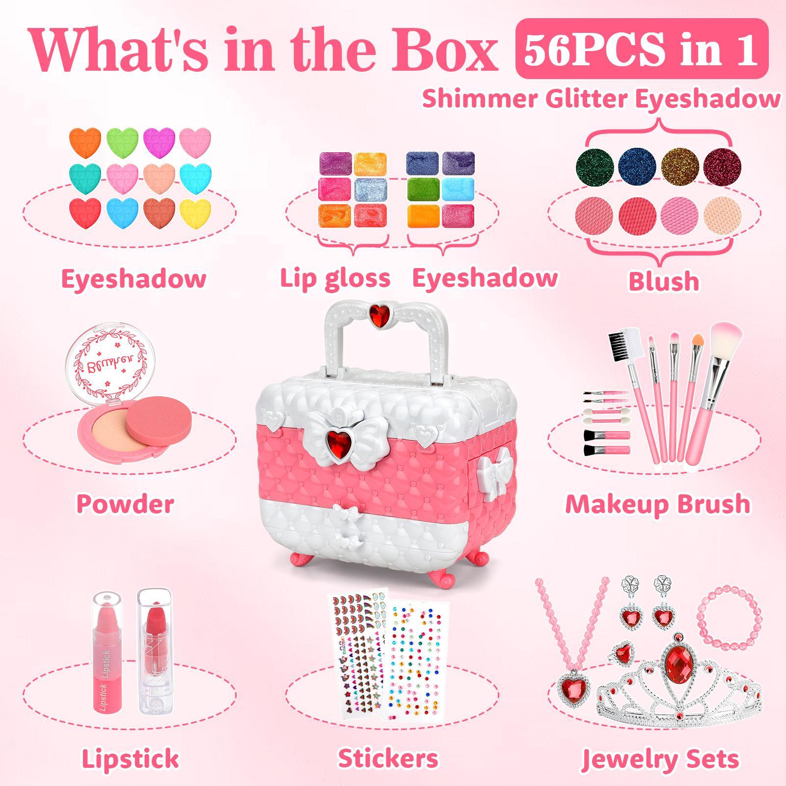 Children's Make-up Set with Drawer Storage Box Portable role-play toy, 56-piece set including powder puff, lipstick, eyeshadow brush, crown, necklace, earrings and more. An excellent gift choice.