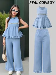 Light Blue Floral Embroidered 2-Piece Set, Ruffle Trim Peplum Top & Wide Leg Pants, Casual Summer for Girls, Loose-Fitting Style