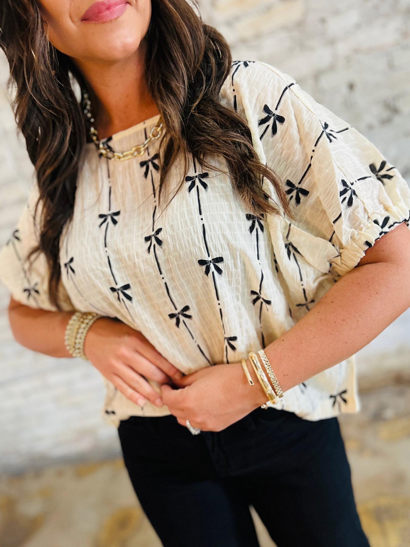 Women's Bow Print Tee, Casual Short Sleeve T-shirt for Daily Wear, Ladies Clothes for All Seasons