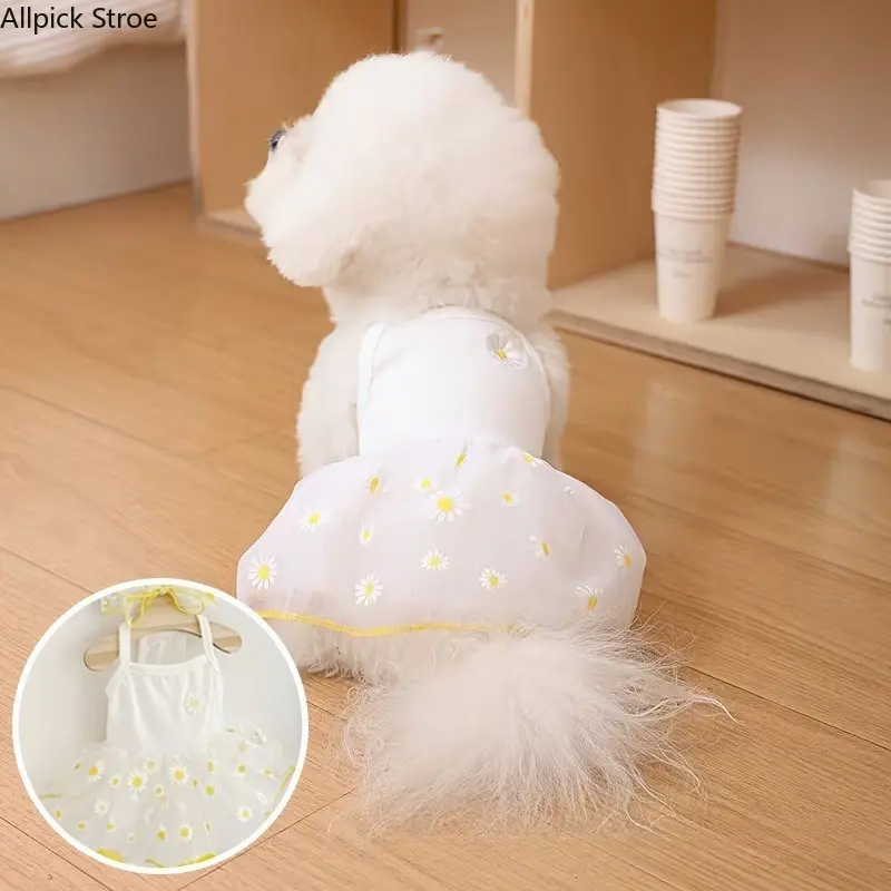 Dog Dress with Strawberry Daisy Print, Cute Summer Clothing for Small Puppies, Sleeveless Wedding Outfit with a Chic Look, Comfortable, Special Occasions