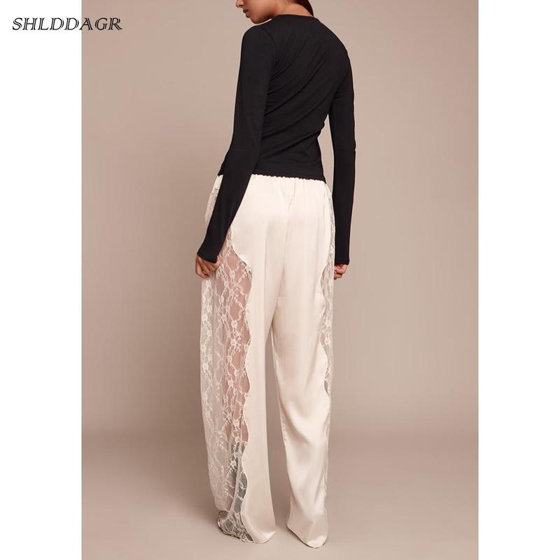 Women's Stylish and Elegant Satin Lace Wide-Leg Pants - High-Waisted Drawstring Loose Flowy Casual Party Dress Pants with Side Lace Trim (Ivory/Brown/Olive Green)