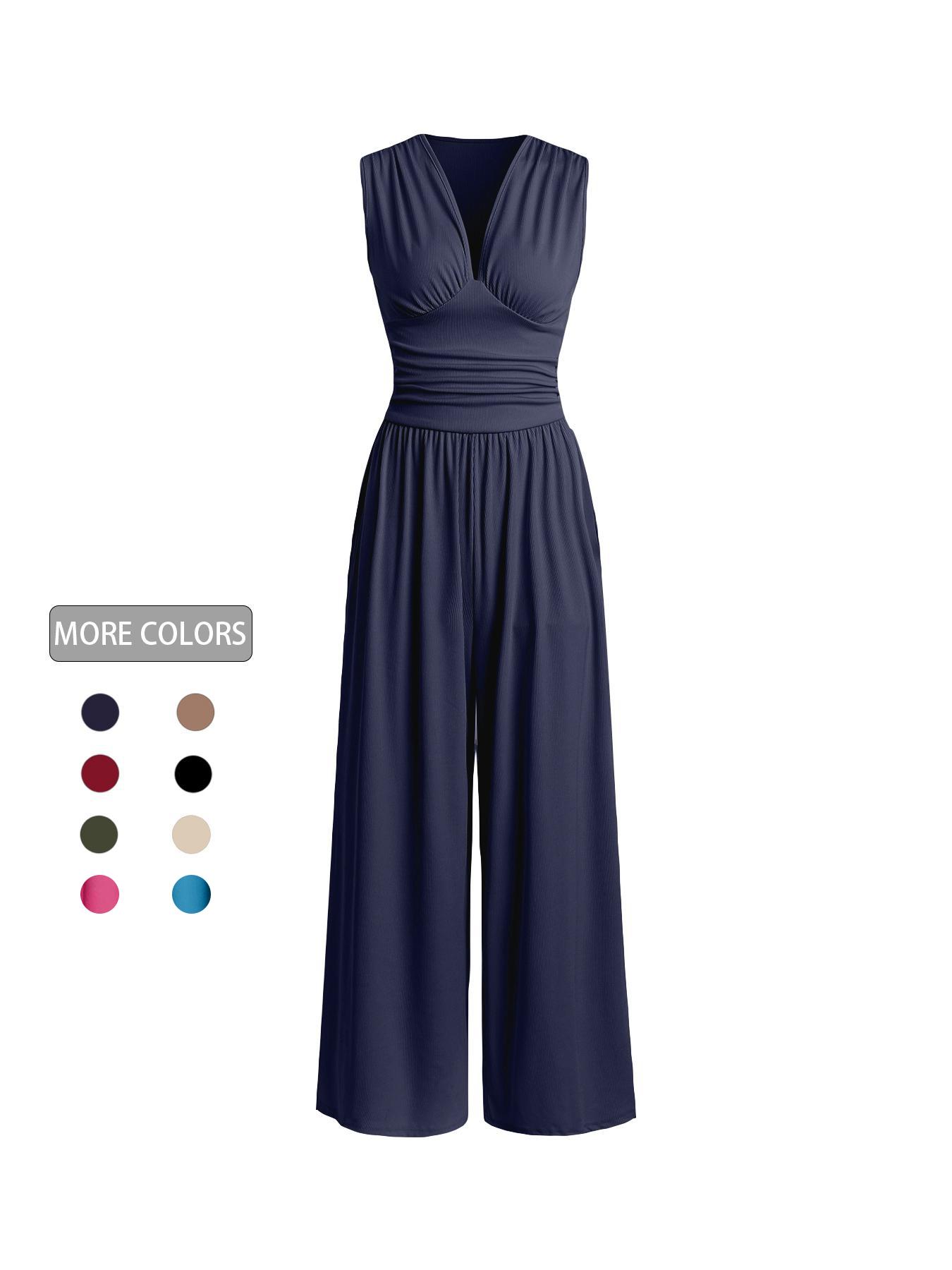Women's Plain Ruched Deep V Neck Ribbed Jumpsuit, Elegant Sleeveless Wide Leg Jumpsuit for Summer, Ladies Clothes for Beach Holiday Vacation