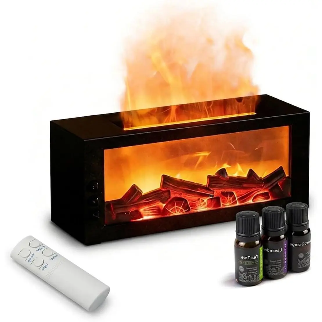 Essential Oil Diffuser, Fireplace Aroma Diffuser with Remote Control, 300ml Cool Mist Humidifier, Color Flame Ultrasonic Diffuser with 3 Essential Oils Set, Home Room Decor Gift for Women, BlackGift