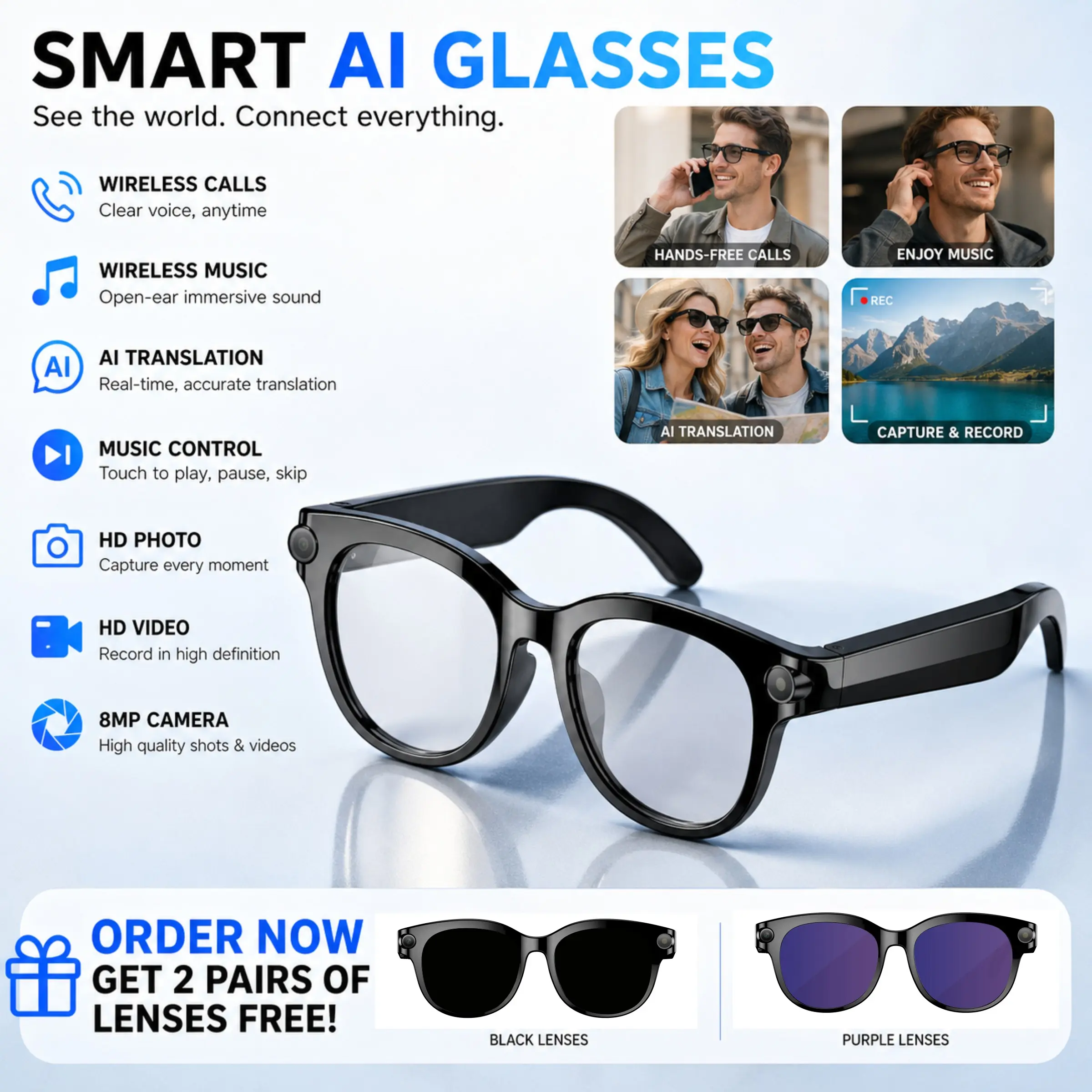 Football match gifts, video glasses, 800W high-definition camera 1080P video recording, 164 language translations, ChatGPT， Anti shake shooting Vlog, wireless call music open audio, ordering with free lenses, translation glasses, audio glasses.