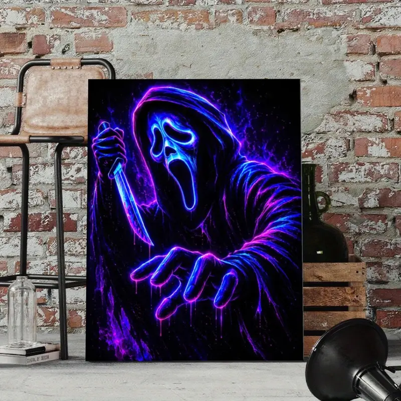Neon Ghostface Scream Poster Canvas Wall Art Classic Horror Movie Killer Glowing Line Portrait Print Dark Gothic Halloween Aesthetic Wall Decor for Living Room Bedroom Unframed Hanging Canvas Wall Paintings Bedroom Aesthetic Canvas Print