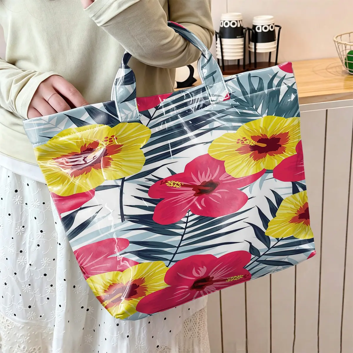 1pc Large Capacity Tote Bag | Tropical Hibiscus Print Glossy Waterproof PVC Handbag | Vacation Style Casual Shoulder Bag for Beach, Commute & Shopping
