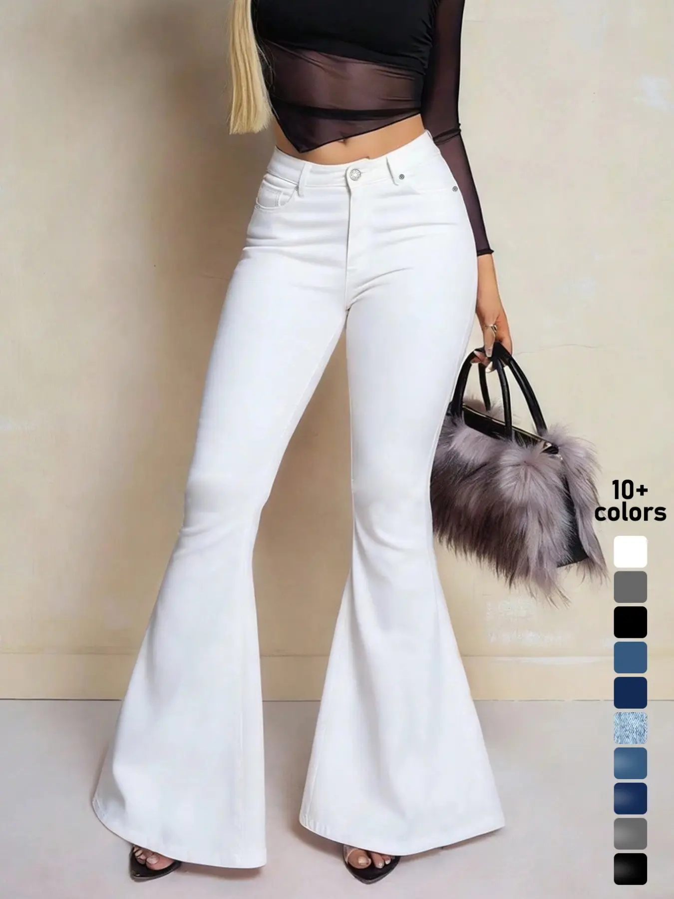 Nvfelix High-Waisted Flared Denim Jeans for Women, Slim-Fitting Floor-Length Trousers with Button Fly, Casual All-Season Wear
