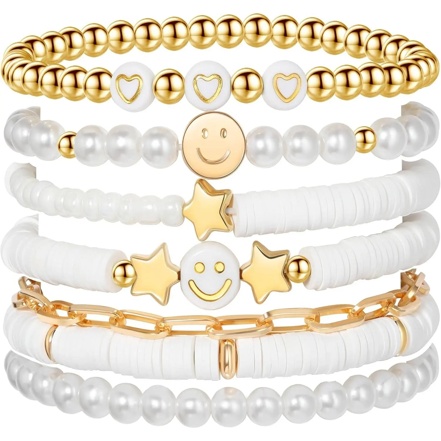 Preppy Bracelets Set Colorful White Gold Smile Heart Star Polymer Beaded Pearl Clay Stackable Charm Y2K Kidcore Aesthetic Summer Beach Bohemian Stretch Layering Bracelets Jewelry for Girls Women Teens