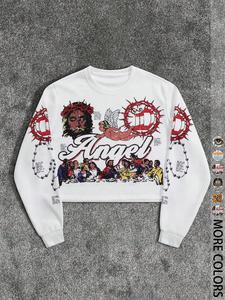 men's cartoon print round neck crop sweatshirt, regular fit casual long sleeve pullover for fall & winter, men's clothes for daily wear