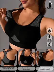 Plus Size Women's Wide Strap Elastic Sports Tank Top with Removable Cups, Seamless Breathable Sports Bra for Yoga Gym Daily Wear