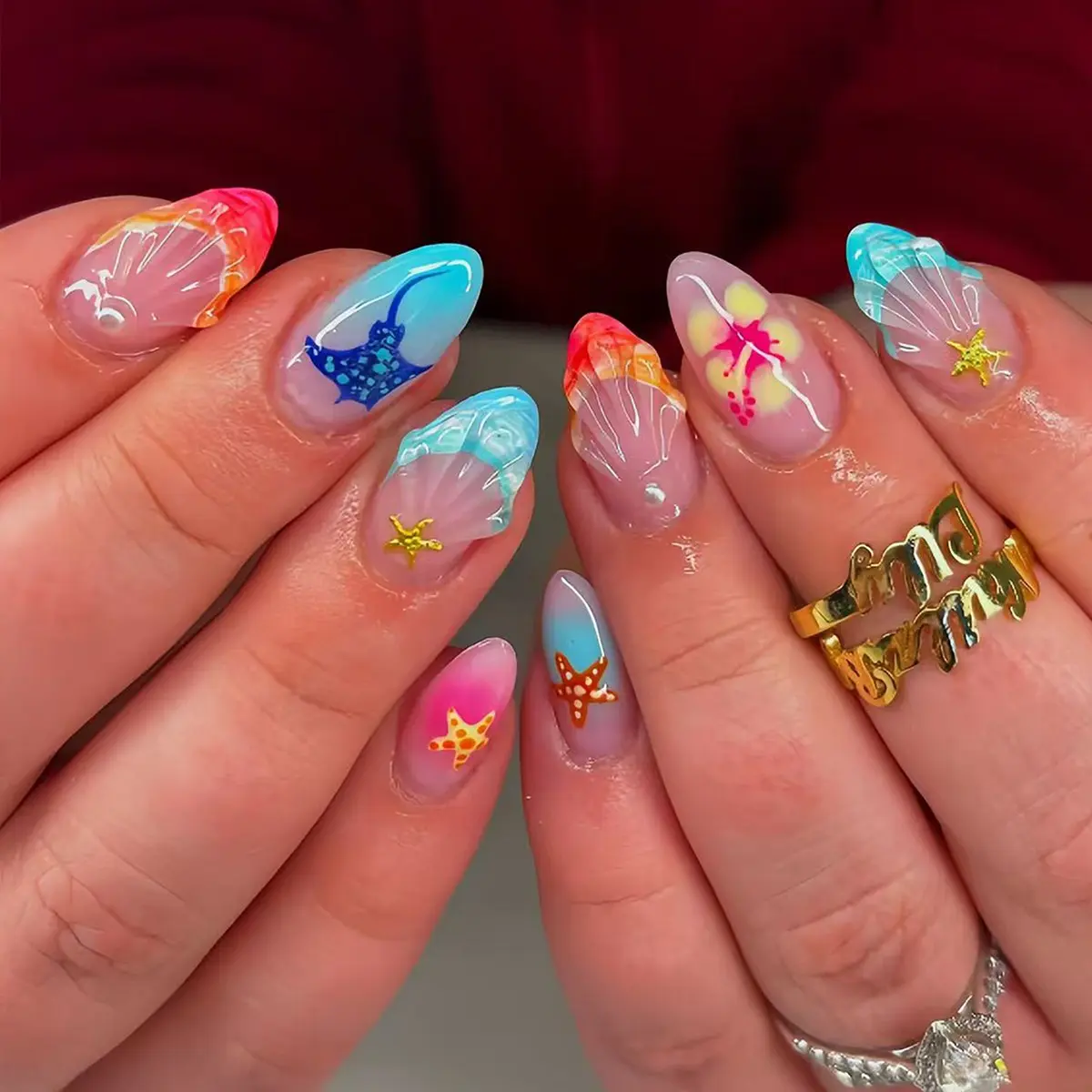 Summer Ocean Resort Style Press On Nails 3D Gel Art featuring Manta Rays, Sea Pearls, and Starfish Shells Hand-Painted  Acrylic Nails  French Tips with a Romantic Sunset Motif. Long, Almond-Shaped, Removable Fake Nails