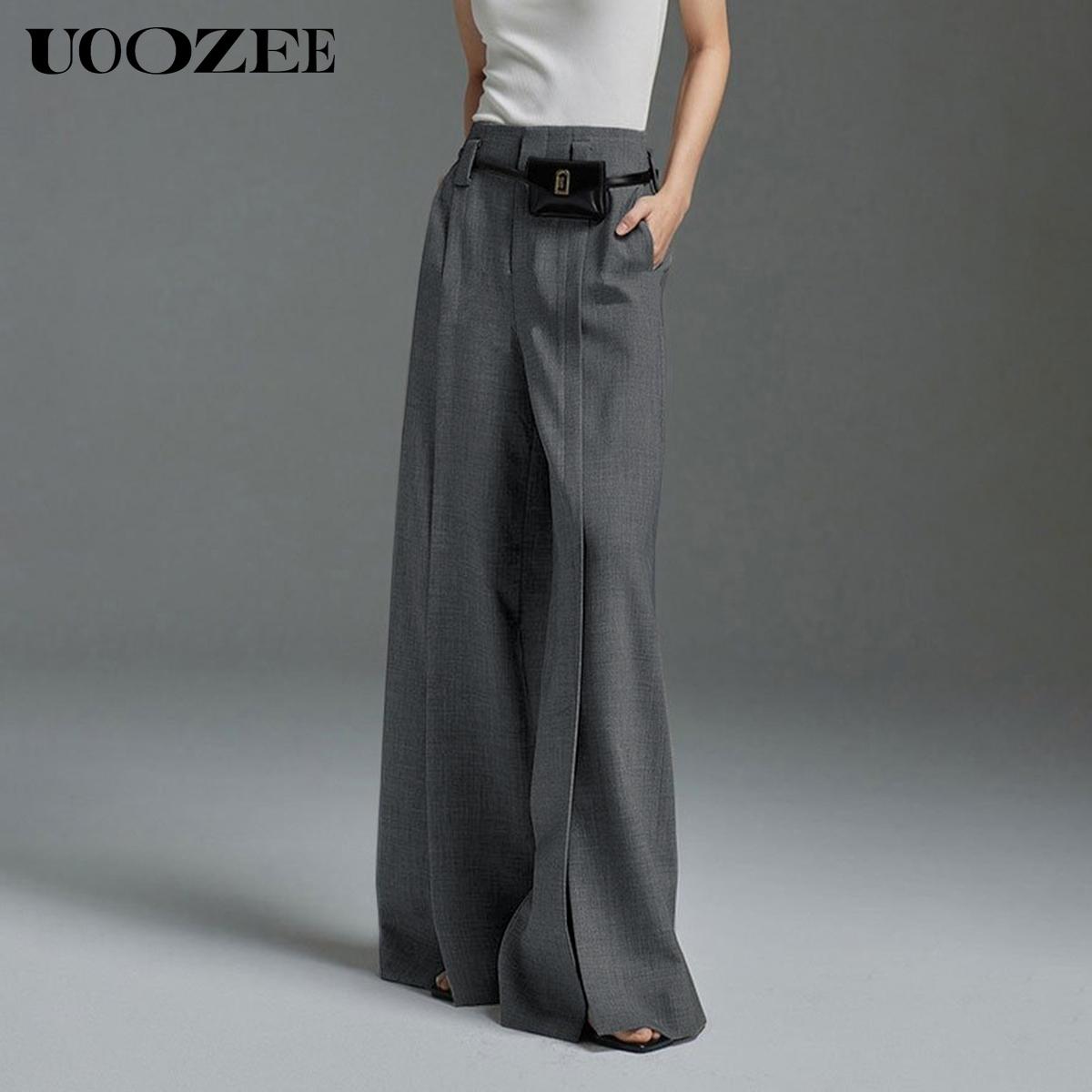 UOOZEE Women's Loose Wide Pants High-Waisted Pleated Split-Front Pants Trousers No belt Bottom Fitted Womenswear Basic pants women work outfits women interview outfits