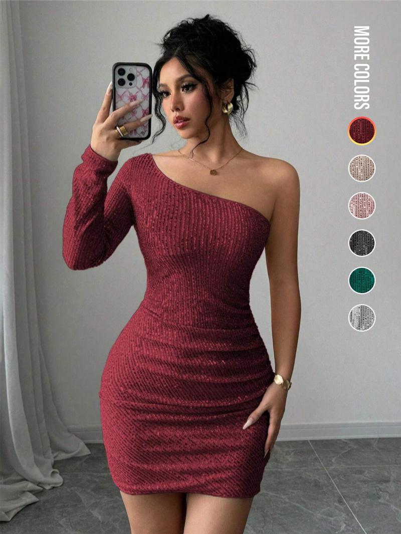 Women's Off Shoulder  Sequins Bodycon Dress, Elegant Fashion Short Dress for Party Club Dating Wear, Ladies Dress for All Seasons