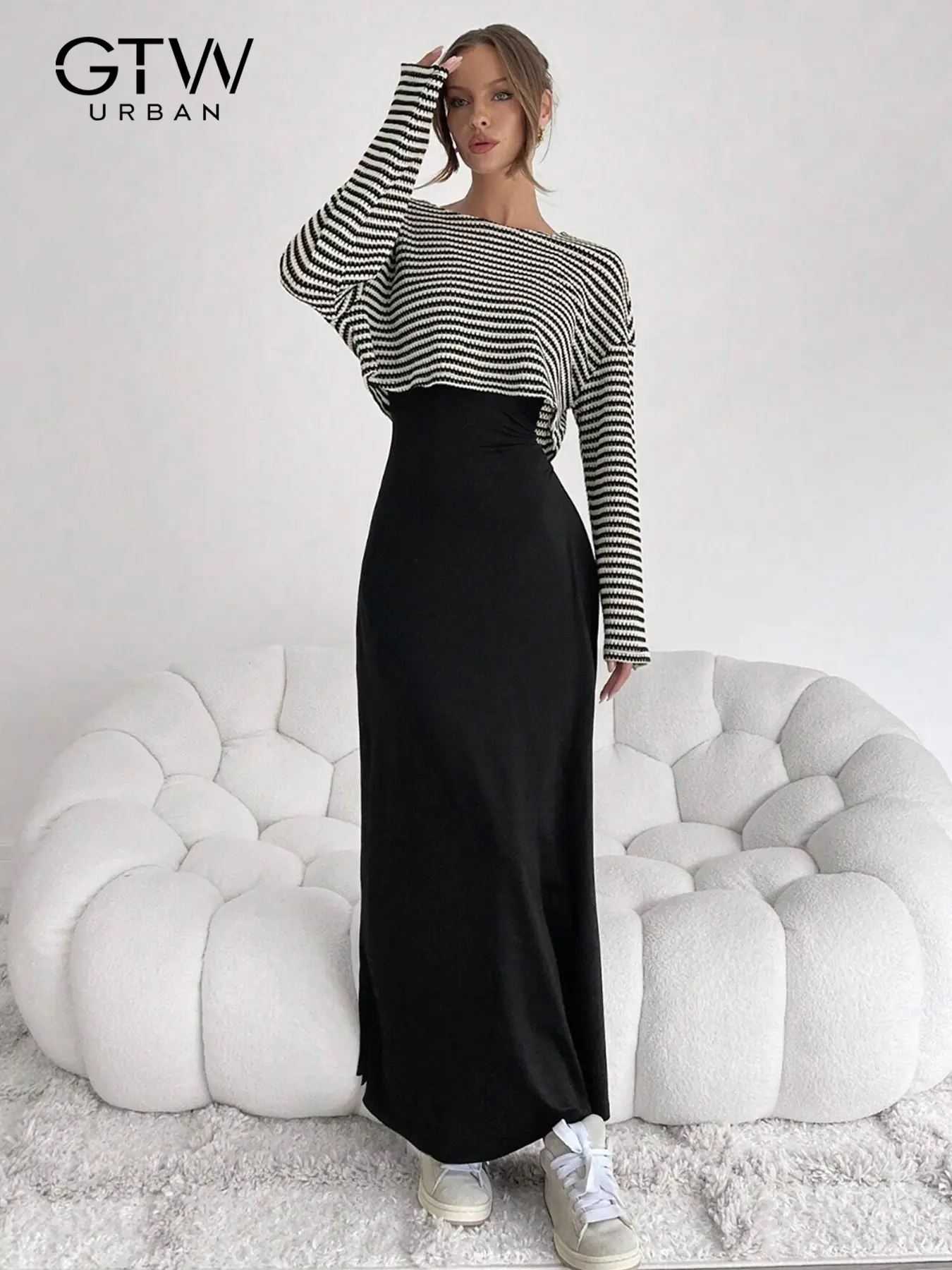 Women's Fashionable Simple Korean Style Striped Vest, Long Sleeve + Waist-Cropped Long Dress Set, Lightweight, Ditsy Floral Pattern, Fitted Design, Unlined