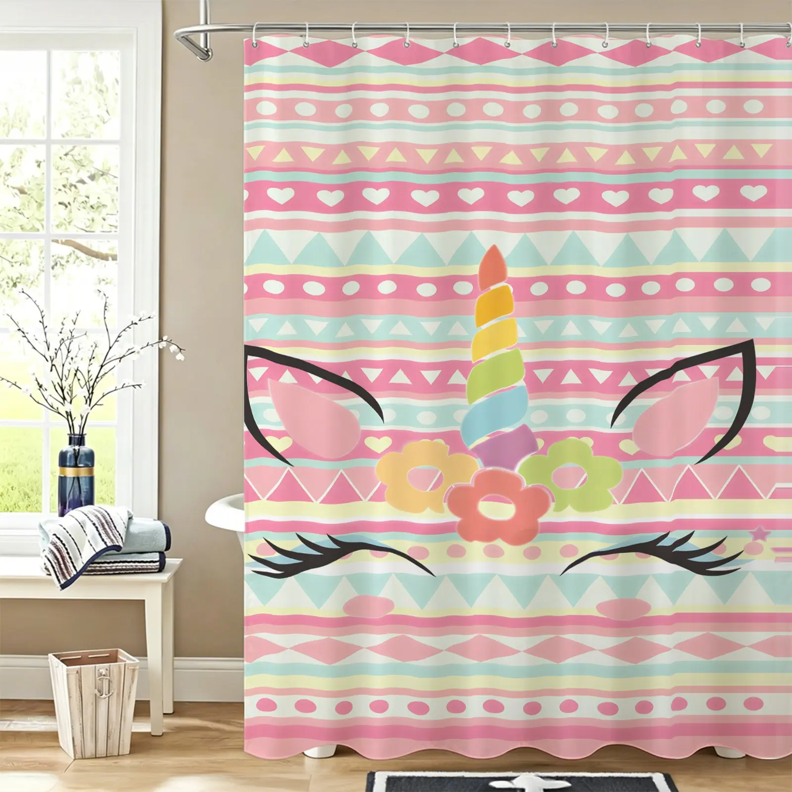 Boho Cartoon Unicorn Print Waterproof Shower Curtain, Comes with 12 Hooks, Bathroom Wet & Dry Separation, Multiple Colors Available, Ideal Bathroom Gift