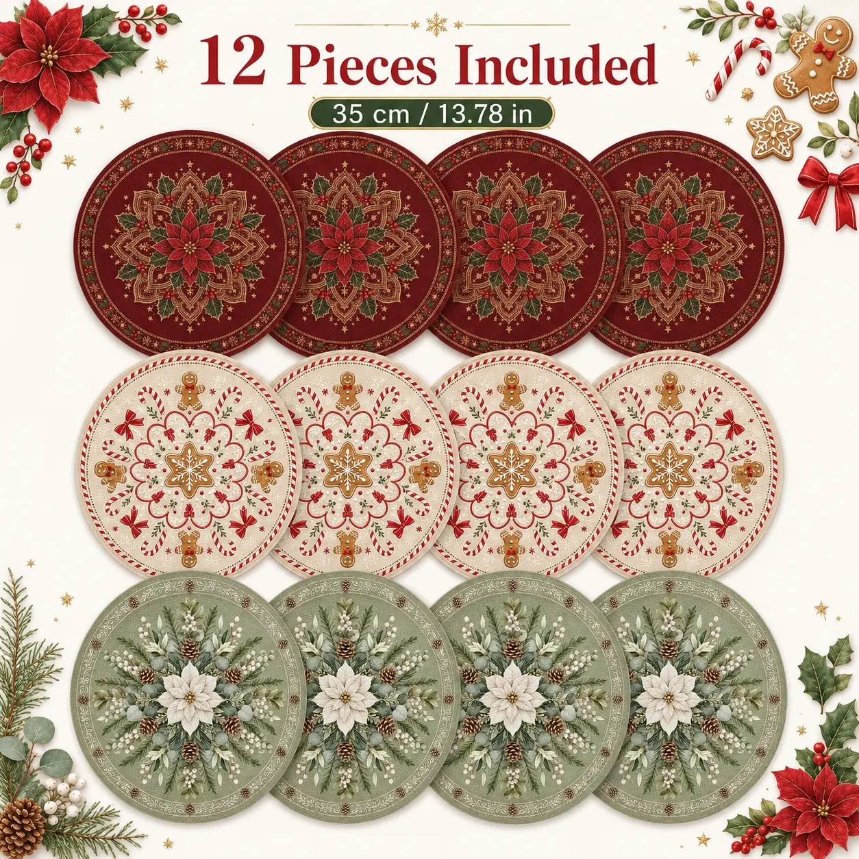 12Pcs Round Placemat Set 35cm (13.78in) Farmhouse Vintage Kitchen Table Mats, Apple Sunflower Floral Pattern Placemat, Heat Resistant Washable Non-Slip Dining Table Mats for Home, Holiday Party, Thanksgiving & Christmas Decoration