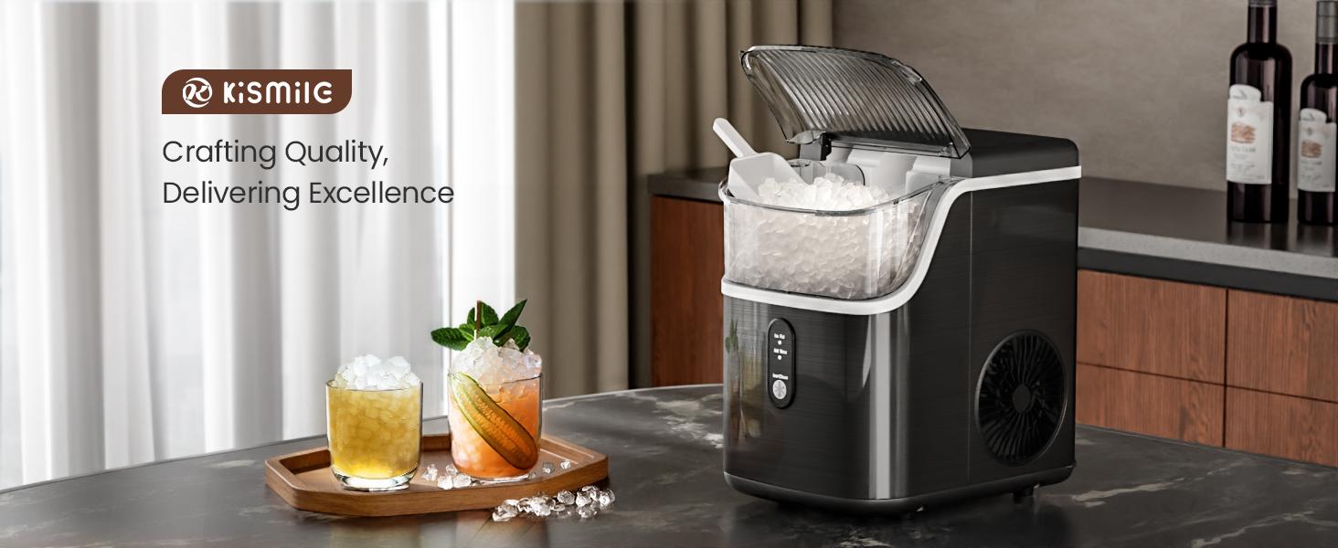 Kismile Nugget Ice Makers Countertop,Portable Ice Machine with Crushed Ice, 35lbs/Day,Self-Cleaning,One-Click Operation for Home Use
