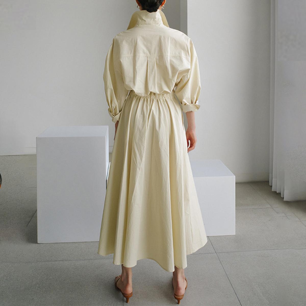 UOOZEE women's long-sleeved loose solid color lapel midi dress, waist design, comfortable and elegant, a must-have for commuting and formal occasions Midi Cloth, with pockets Modest Clothes SpringStatements