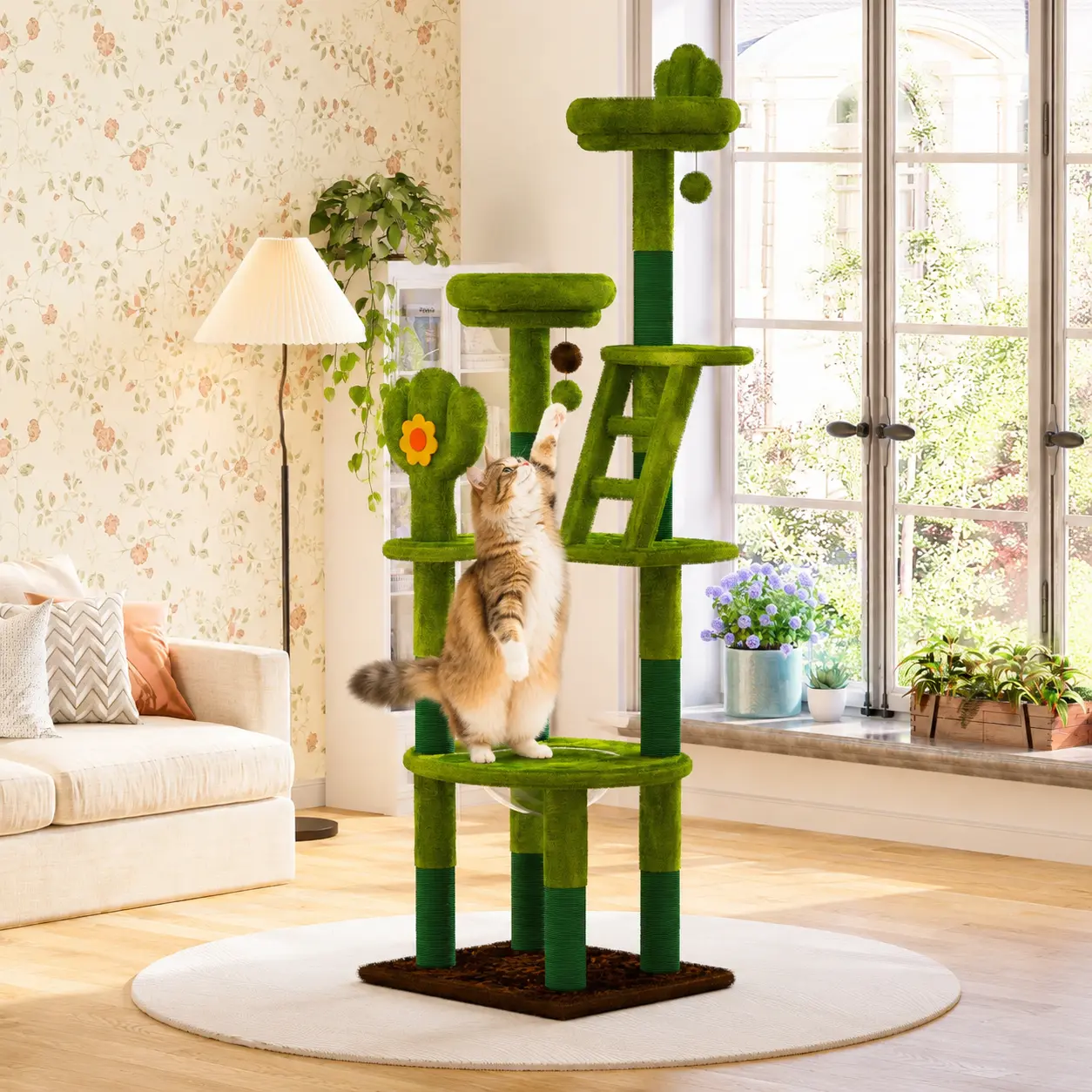 72 Inch Cactus Cat Tree Tall Indoor Cat Tower with Transparent Capsule Sisal Scratching Posts Plush Perches Ladder and Hanging Toys for Large Cats and Kittens