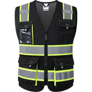 Hi Vis Reflective Safety Vests for Men Women High Visibility Vest with Pockets Fabric Construction Safety Apparel Neon Vest for Work (220-Black M)
