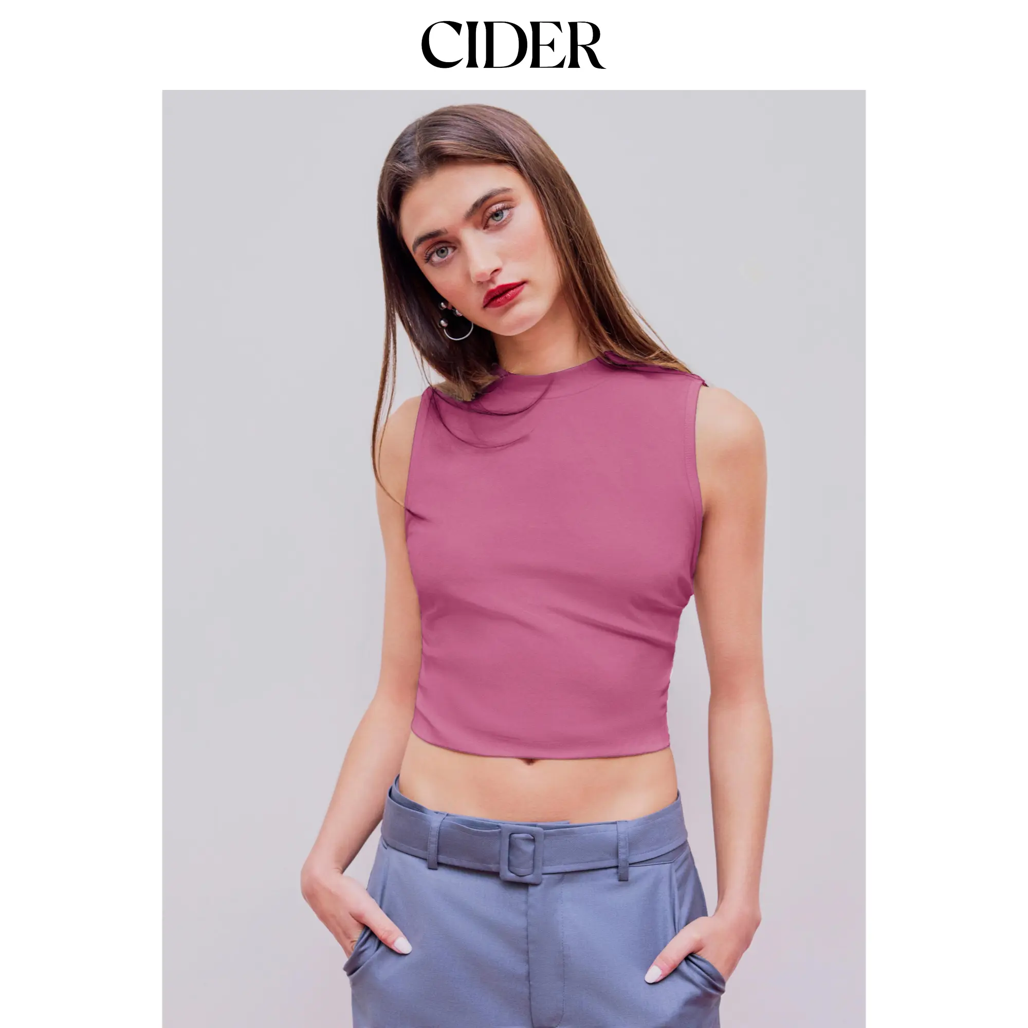 Cider Round Neckline Solid Sleeveless Ruched Crop Top SummerWins SummerFinds
