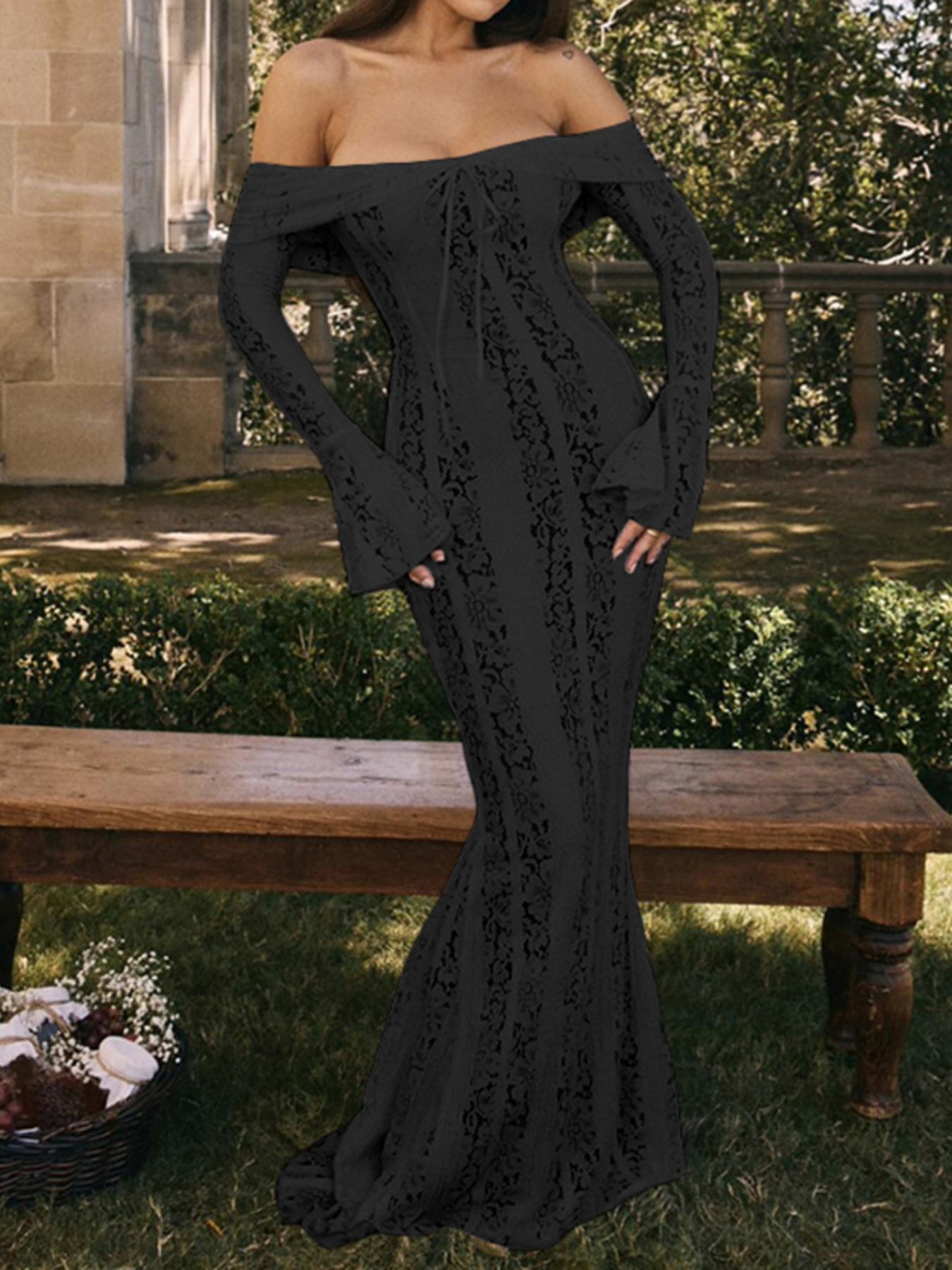 Women's Off The Shoulder Tie Front Lace Bodycon Dress, Elegant Long Sleeve Flounce Sleeve Zipper Back Maxi Dress for Party Holiday Wedding Guest, Ladies Spring & Fall Clothes,  Bridal Attire Valentine's Day, gift