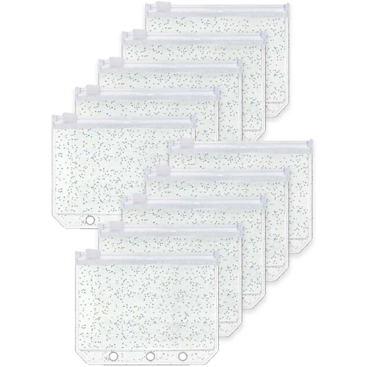 10-Count A9 3-Hole Glitter Finish Plastic Zipper Binder Pockets - Transparent PVC Sheet Protectors, Stuffing Envelopes for Budget Binders, Planner Inserts, Notebook (for Planner Users, Transparent View)