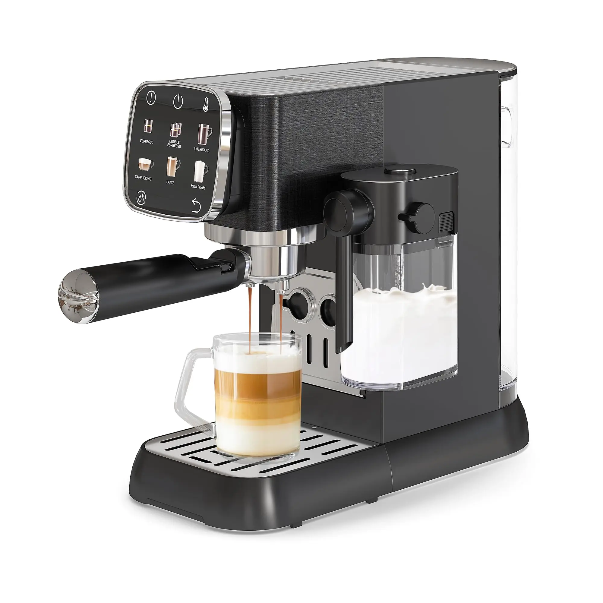 Professional 20 Bar Espresso Machine Fully Automatic Touchscreen Coffee Maker Auto Milk Frother Quick Heating Stainless Steel Black