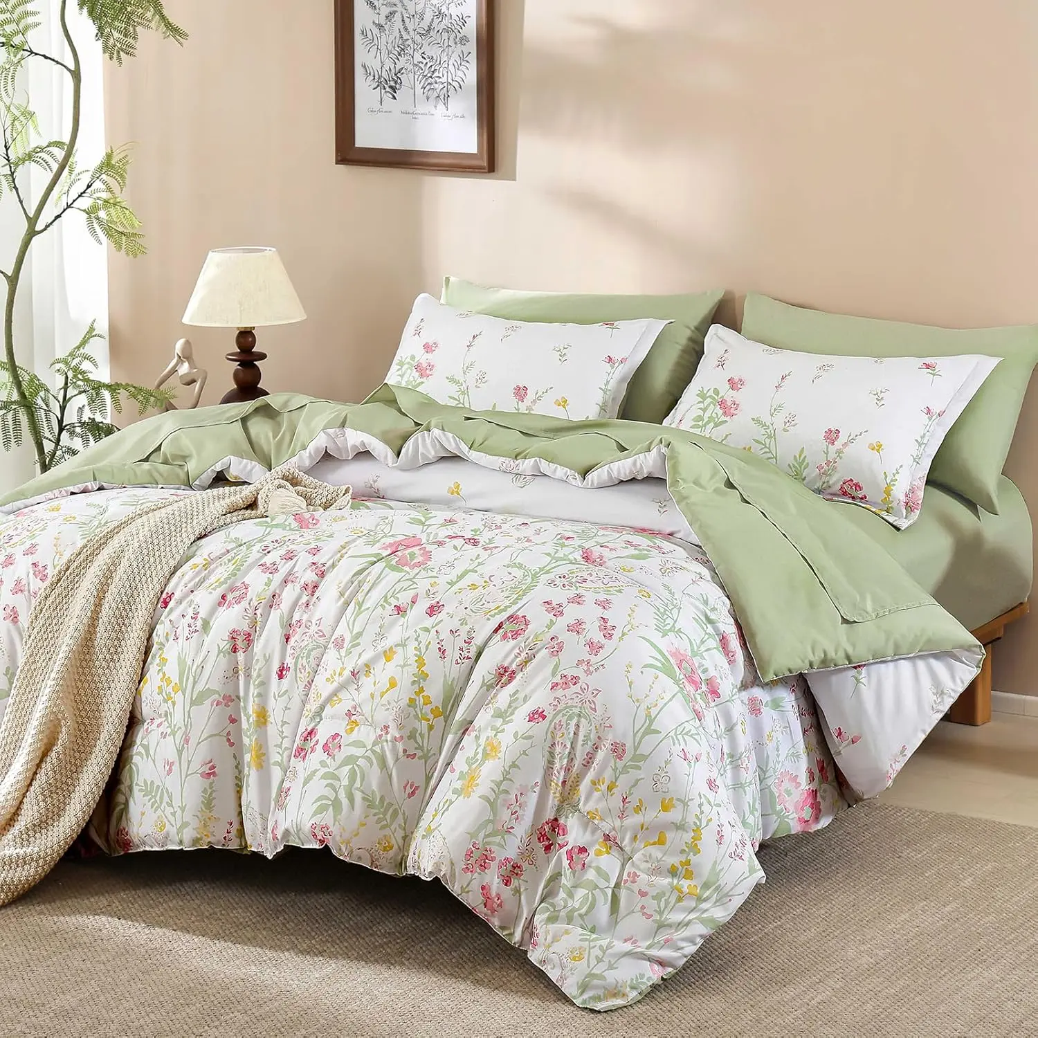 7 Piece Floral Full Size Comforter Set, Pink Green Cute Comforters Bedding Set for Women Girls,Botanical Bed in a Bag Soft Lightweight Coquette Bedding Set with Sheets All Season
