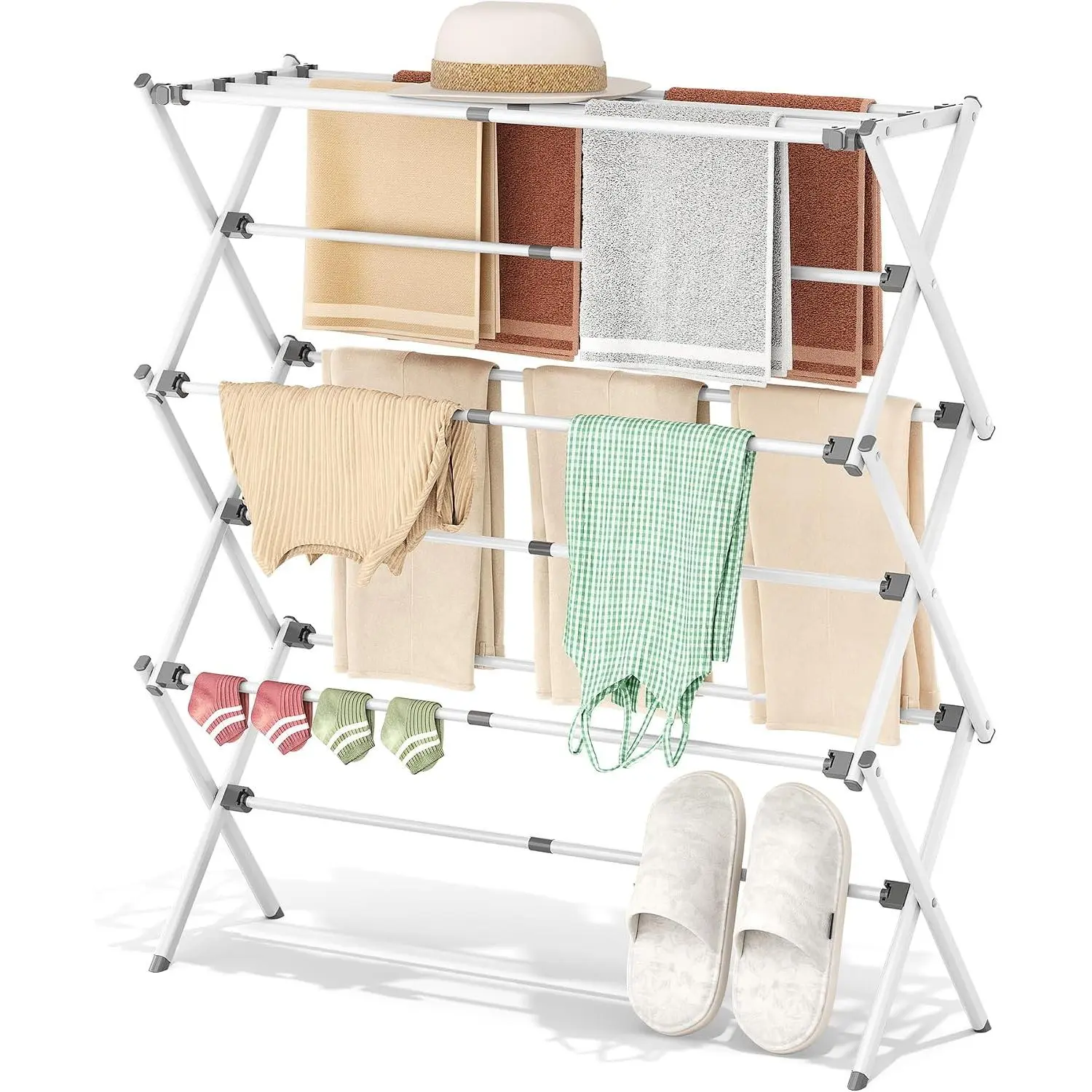Drying Rack Clothing - 3 Tier Metal Clothes Drying Rack Collapsible, Laundry Drying Rack Expandable, Small Clothe Airer for  Clothes Towel Bib Sock Indoor Outdoor Use(White)