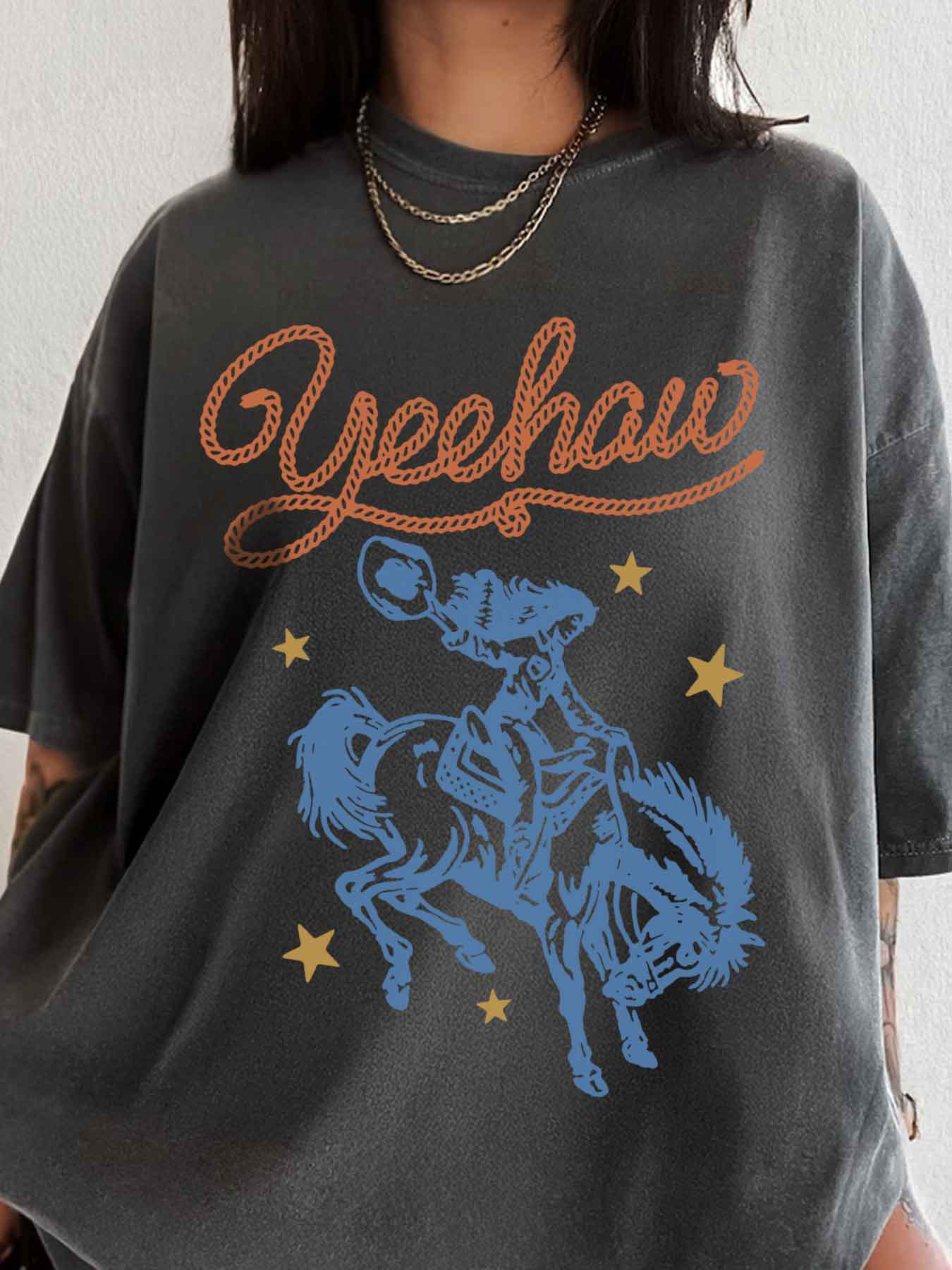 Women's Letter & Cowboy Print Drop Shoulder Tee, Casual Half Sleeve Round Neck T-shirt Fit Fabric for Daily Wear, Ladies Clothes for All Seasons, Womenswear