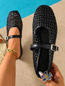 Women's Hollow Out Mary Jane Flat Shoes, Soft Sole Anti-Slip Buckle Casual Walking Shoes, Daily Commute Vacation Slip-On Footwear
