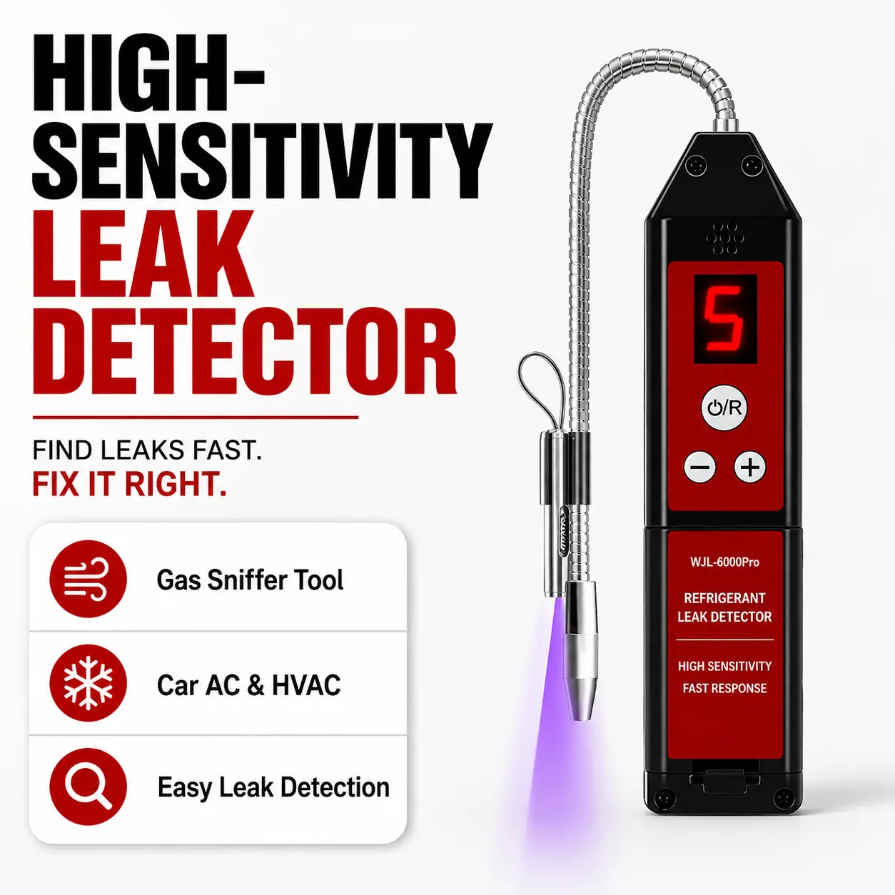Refrigerant Leak Detector with UV & LED Light, High-Sensitivity Freon Gas Sniffer for R134a, R22, R410A, CFC, Automotive AC & HVAC Leak Detection