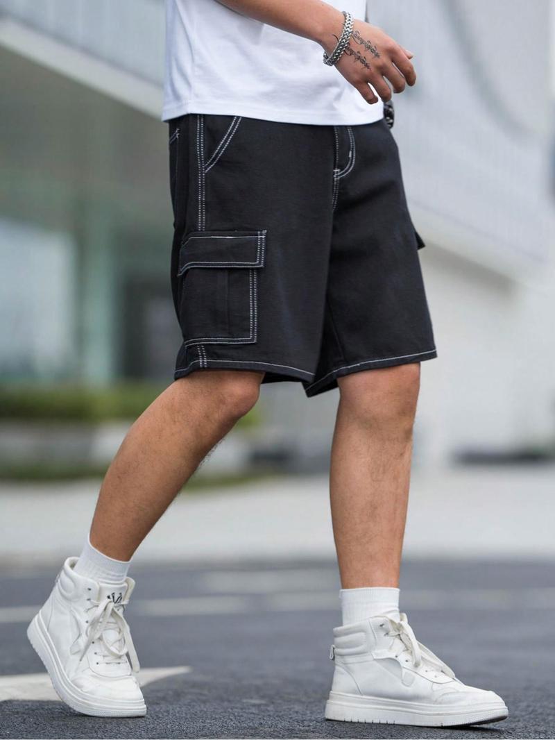 Men's Solid Flap Pocket Cargo Shorts, Loose Casual Fashion Denim Shorts for Daily Outdoor Wear, Men Bottoms for Summer, Lightweight Shorts