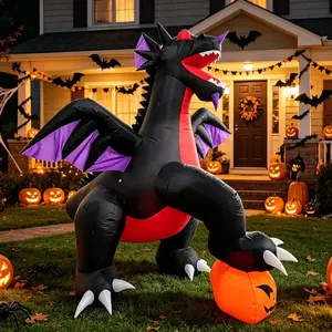 1Pc Light Up Inflatable Black Winged Dragon with Pumpkin, 106.29 Inches, Halloween Yard Ornament, Outdoor Scene Prop for Holiday Party