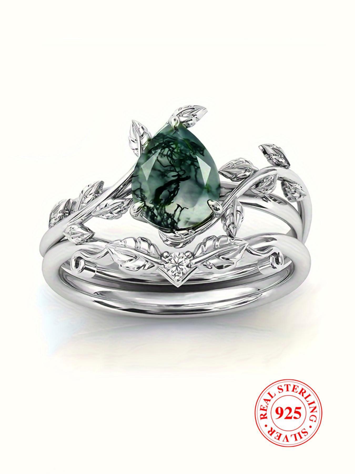 S925 Sterling Silver Natural Grass Agate Ring Set, with Box, Fashion Accessories for Women & Men, Statement Ring, Trendy All-match & Exquisite Jewelry for Birthday Gift, Bridal Engagement Ring, Wedding Engagement Ring