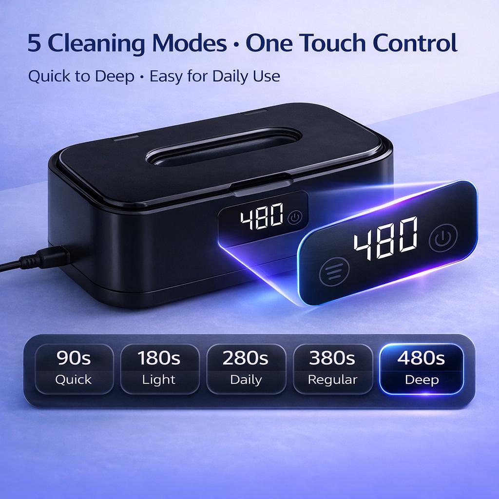 Ultrasonic Jewelry Cleaner with UV Sterilizer, Portable 360° Deep Cleaning Sonic Washer Machine, Plug-In Adapter Powered for Rings, Necklaces, Earrings, Watches, Eyeglasses, Retainers & Dentures