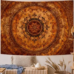Boho Mandala Tapestry Wall Hanging Hippie Bohemian Floral Medallion Indian Tapestry Aesthetic Wall Art Small Vintage Orange Brown Tapestries for Bedroom Living Room Dorm Decor