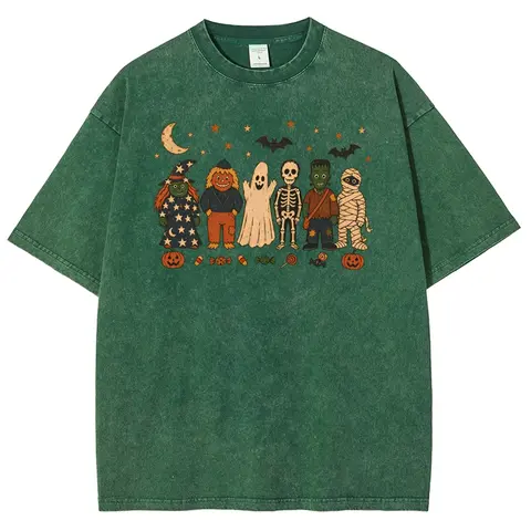 Unisex Witches, pumpkin scarecrows, ghosts, skeletons, Halloween Graphic Washed T-Shirt Personalized Pattern Y2k Clothing Round Neck Washed T-Shirt,Women's Clothing 100% Cotton, Menswear, Top, Vintage Style,Summer Casual Oversized