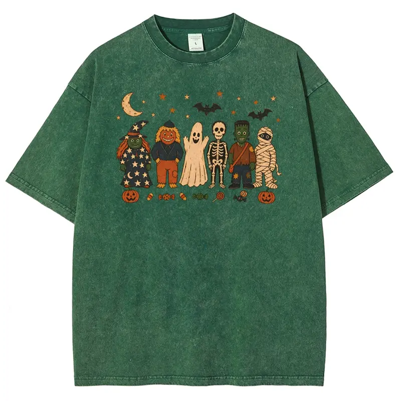 Unisex Witches, pumpkin scarecrows, ghosts, skeletons, Halloween Graphic Washed T-Shirt Personalized Pattern Y2k Clothing Round Neck Washed T-Shirt,Women's Clothing 100% Cotton, Menswear, Top, Vintage Style,Summer Casual Oversized