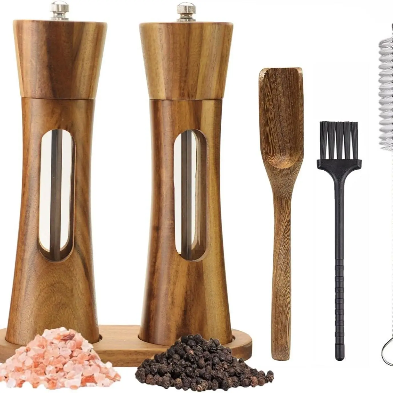 Acrylic Wood Salt and Pepper Grinder Set, Solid Acacia Wood Base with Adjustable Ceramic Steel Core, Manual Pepper Mill with Wooden Rack and Spoon