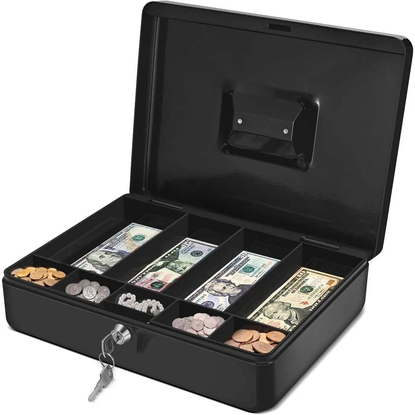 Box with  Tray and Lock - Metal  Box for Small Businesses, 9-Compartment Black  Box with Removable Tray and Key, Portable Storage for Checks and  | Portable Metal  Box for Petty  with Removable 9-Compartment Tray, 4 Bill Slots, Folding Handle, and 2