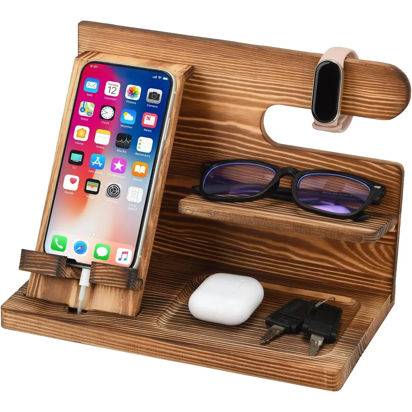 Wood Phone Charging Dock - Bedside Table Nightstand Organizer, Birthday Gift for Men, Accessories, Room Accessories