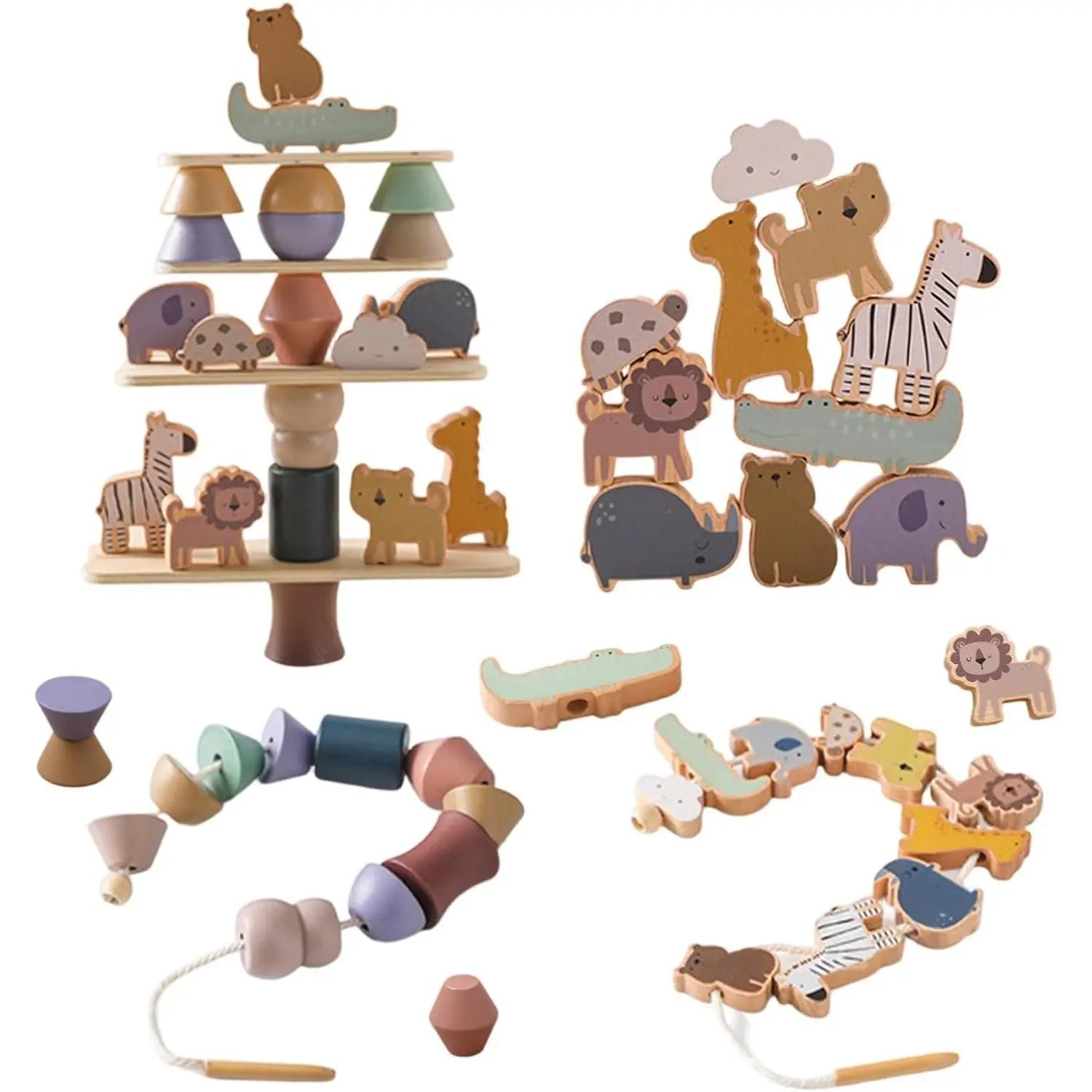 Wooden Animals Threading Toys Lacing Beads for Toddlers,Stacking Blocks Balance Game,Family Educational Preschool Learning Toy, Preschoolers Montessori Classroom Activities,Ideal Gift for Kidsfidget toys