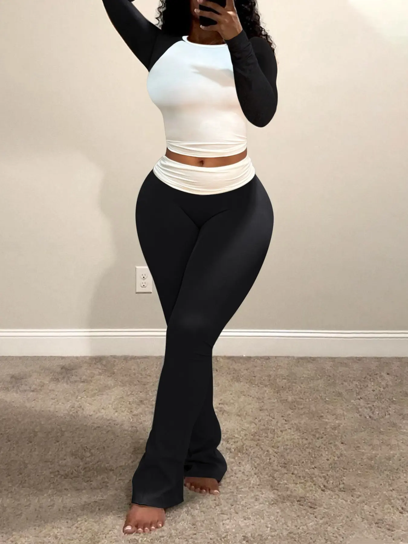 Lovelywholesale - Us Women's Raglan Color Block Long Sleeve Crop Top & High Waist Flare Leggings Two Piece Set, Soft Stretchy Slim Bodycon Casual Home Street Outfit Casual Knit Set