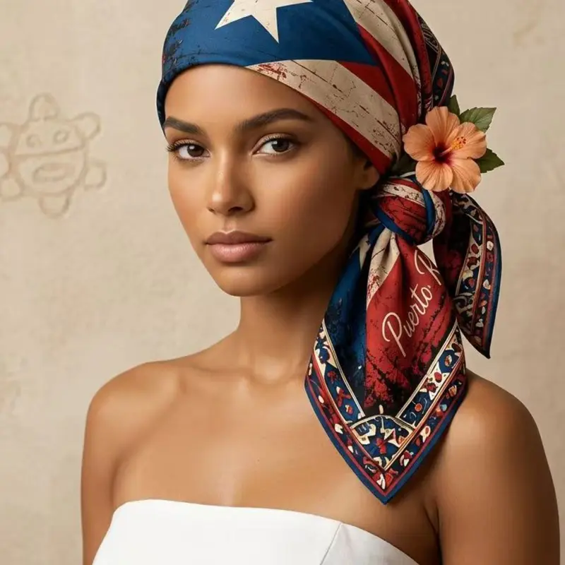 [Puerto Rican Culture] Scarf with Vintage Flag and Hibiscus - Rustic Design for Festive Celebrations, Cultural Events and Summer Gatherings, Versatile Headscarf