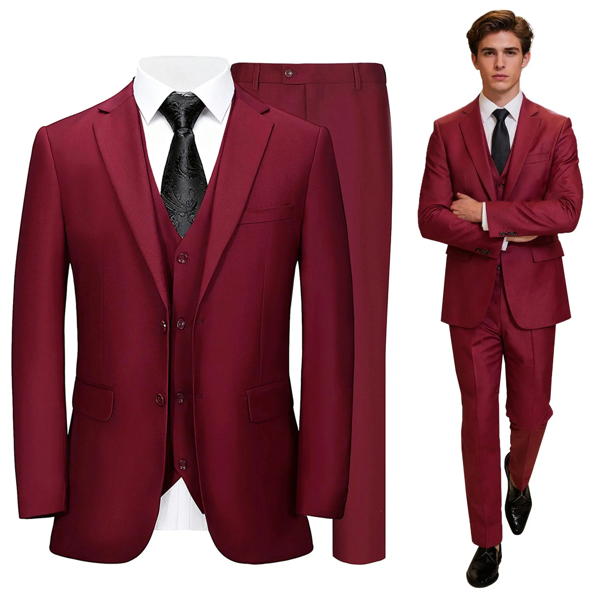 Men's Elegant Fitted 3-Piece Solid Polyester Suit - Single-Breast Blazer, V-Neck Vest, Slim Fit Straight Trousers for Formal Business, Weddings, Office, Wrinkle-Resistant, Button Closure, Burgundy, Dry Clean Only