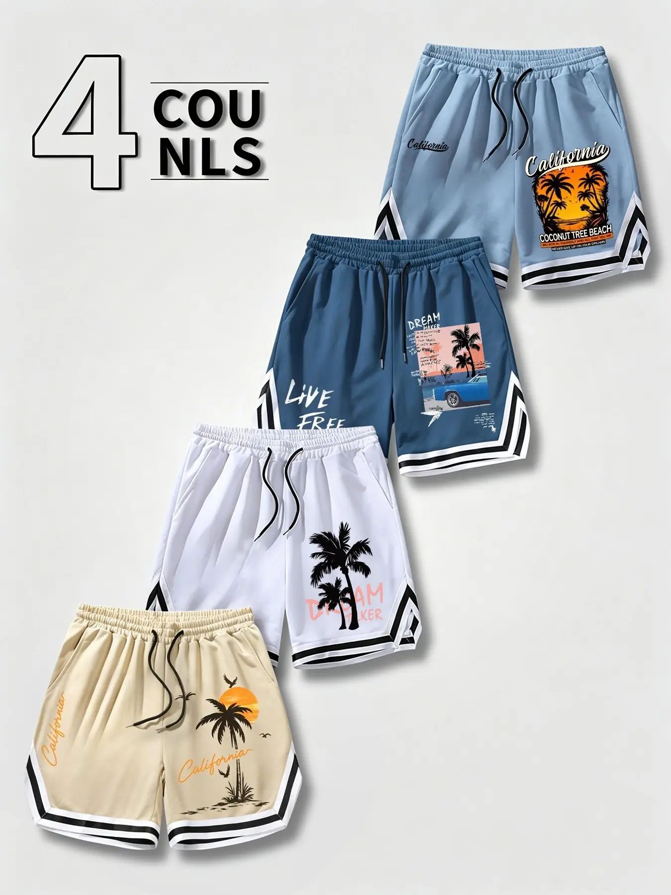 Men's 4 Pack California Beach Basketball Shorts Palm Tree Sunset Print Quick Dry Breathable Sport Shorts Elastic Waist Drawstring Loose Fit Summer Casual Workout Shorts for Gym Vacation Daily Streetwear Athletic Training Shorts