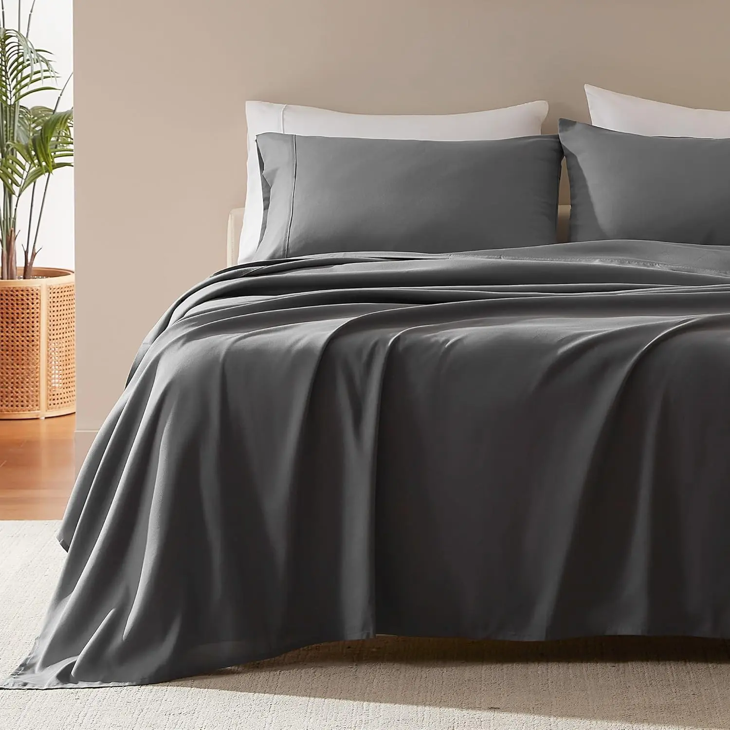 Nanotex Super Soft Cooling Twin Fit Bed Sheets Set - 3-Piece Kids Bedding with Easy-Care Fitted/Flat Sheets & Pillowcase, Deep Pockets 16in, Wrinkle-Free, Fade-Resistant, Plain Solid Gray